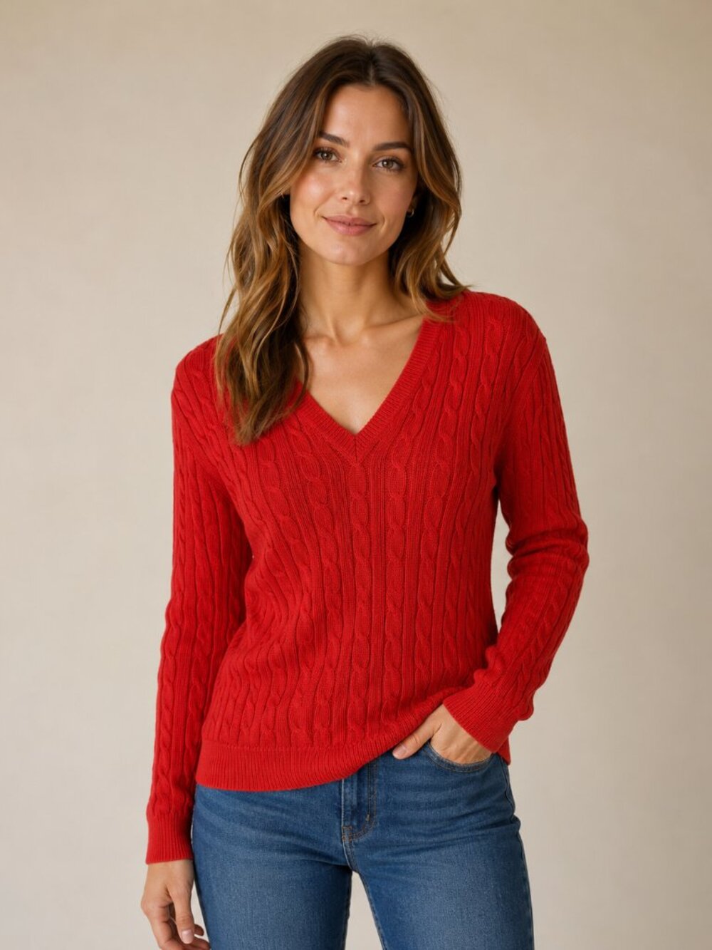 Michael Michael Kors Red Cable Knit Cotton V-Neck Sweater Medium Valentine's Day